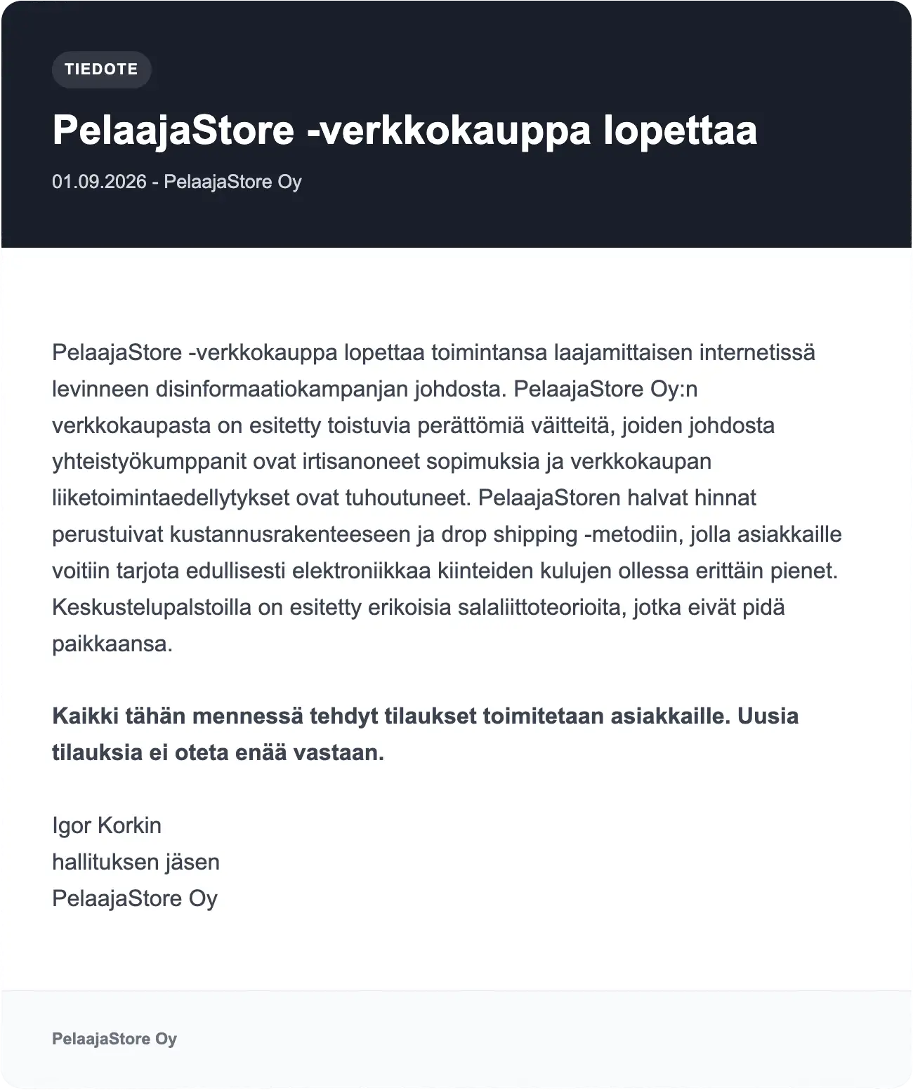 Pelaajastore lopettaa - viesti